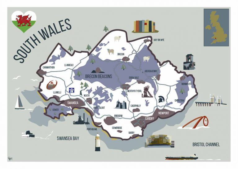 Map of South Wales Art Print - Ed Lewis Art and Design - Buy now